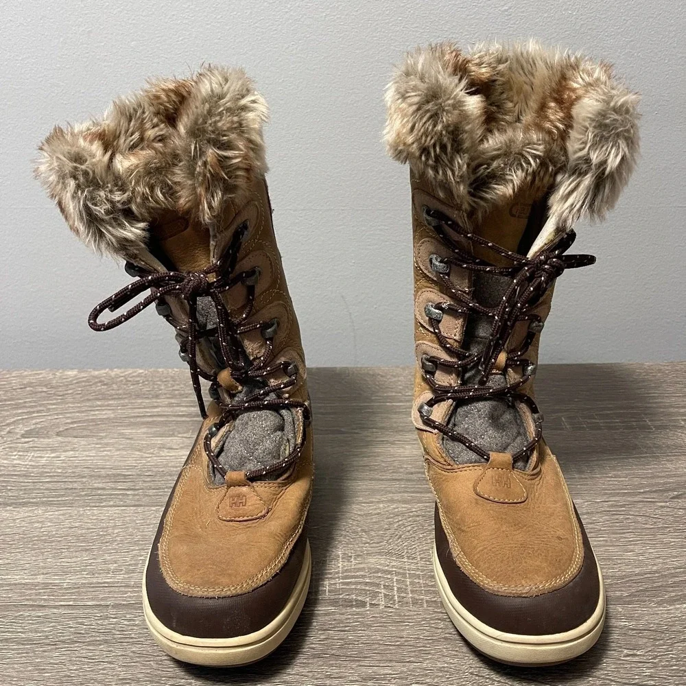 Helly Hansen Womens 7 Brown Faux Fur Lace Up Winter Snow Boots Sherpa Outdoor